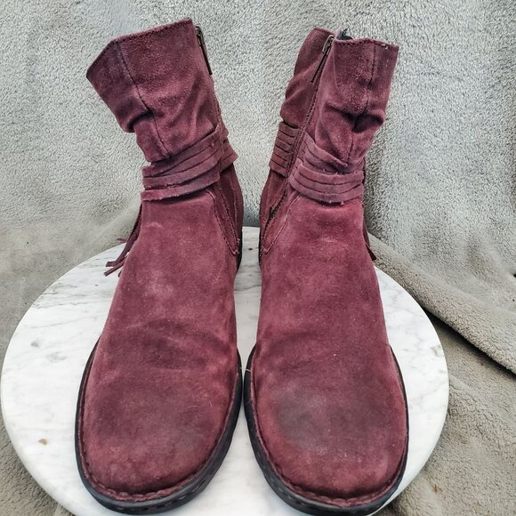 Born Shoes Womens Size 8.5 Burgundy Red Suede Cross Fringe Zip Boots - Picture 6 of 11